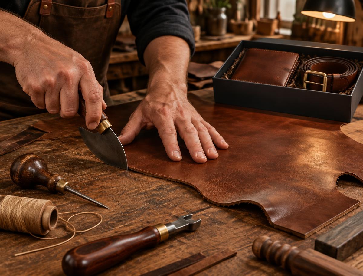 Leather craftsman cutting a hide beside a corporate gift box
